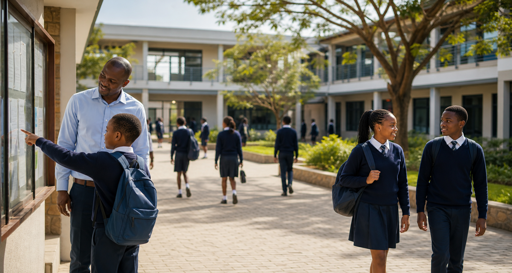 Students and parents walking through a bright school campus